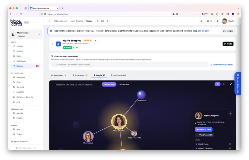 Capture du back-office : réseau en graphe 3D.