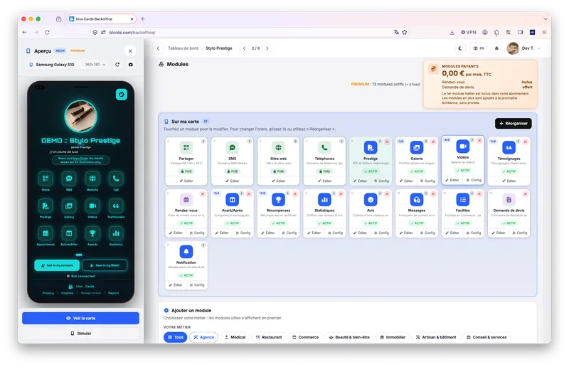Capture du back-office : activation des modules, avec aperçu mobile.