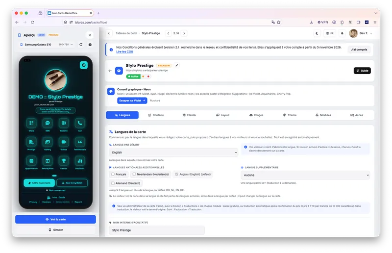 Capture du back-office : langues de la carte.