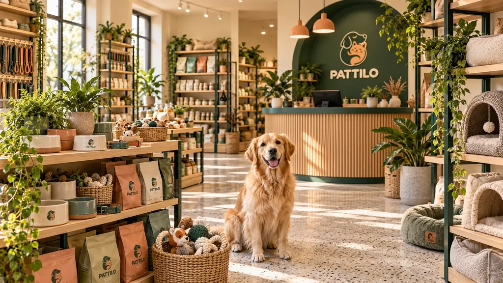 Innenansicht des fiktiven Geschäfts PATTILO mit seinen Regalen und einem Hund im Vordergrund.