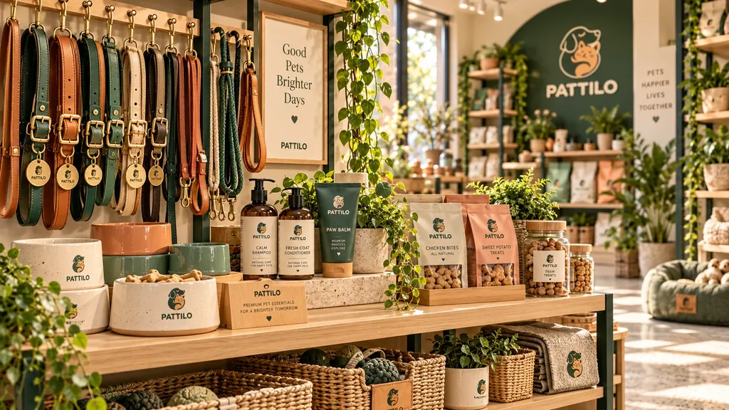 Illustrative Präsentation von Näpfen, Zubehör und Tierprodukten bei PATTILO.