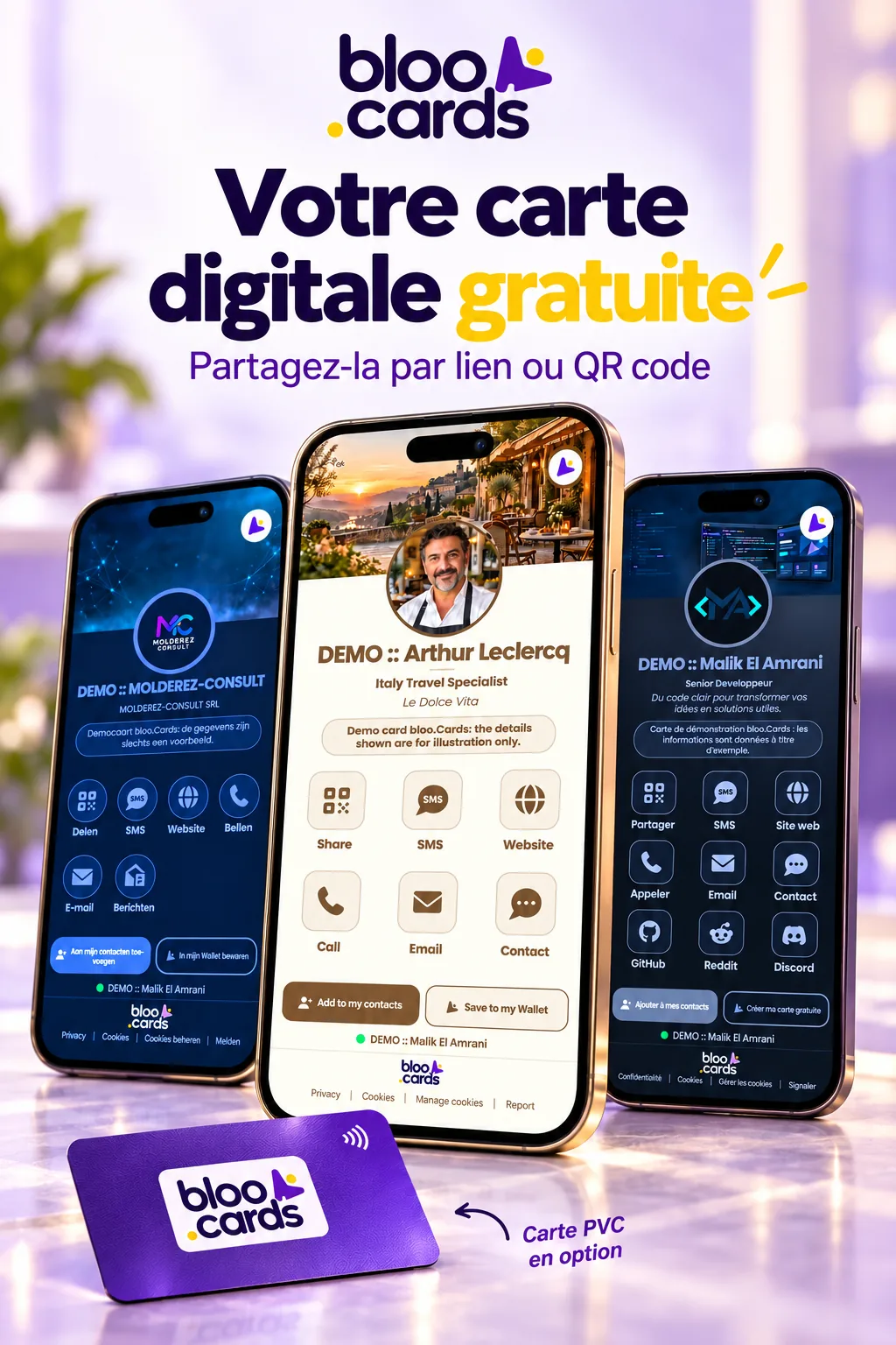 Carte de visite digitale bloo.Cards partagée par NFC et QR code, conçue en Belgique