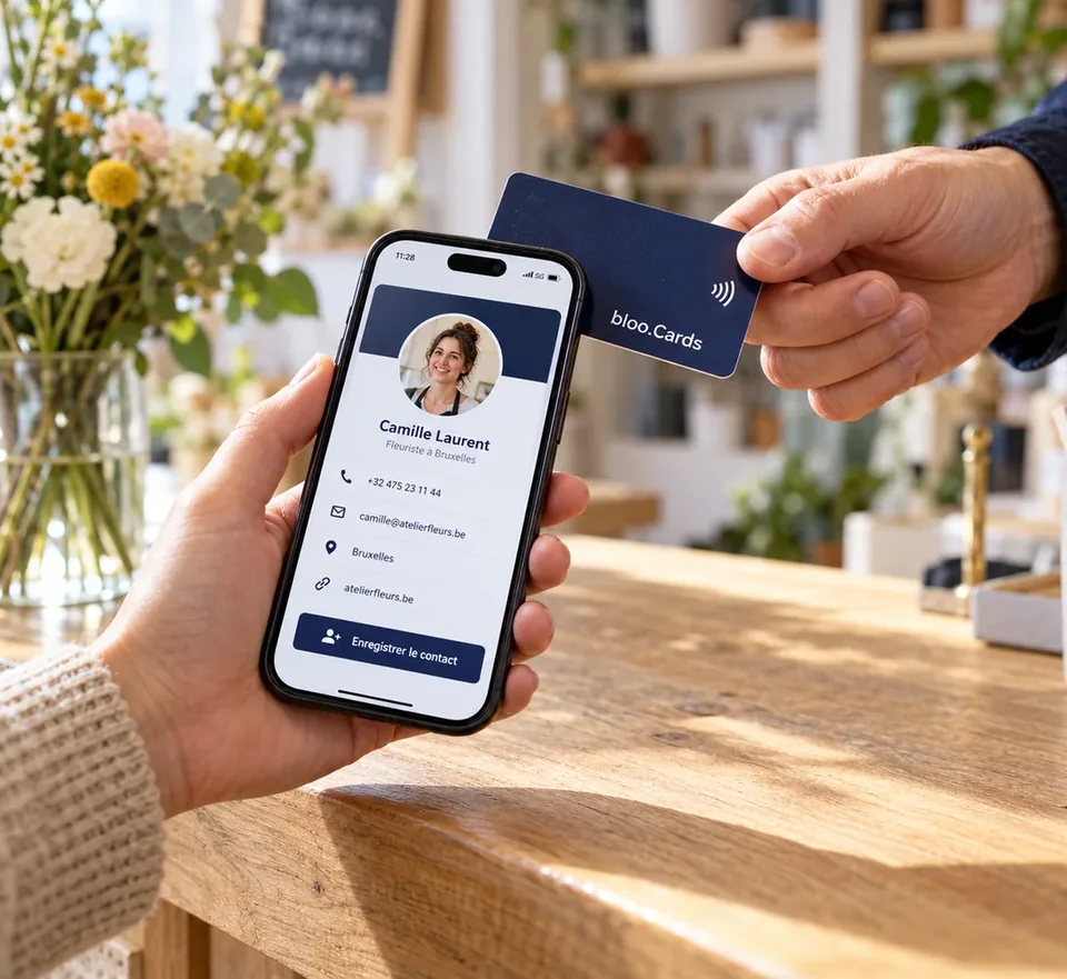 Une carte NFC bloo.Cards partage une carte de visite sur un smartphone